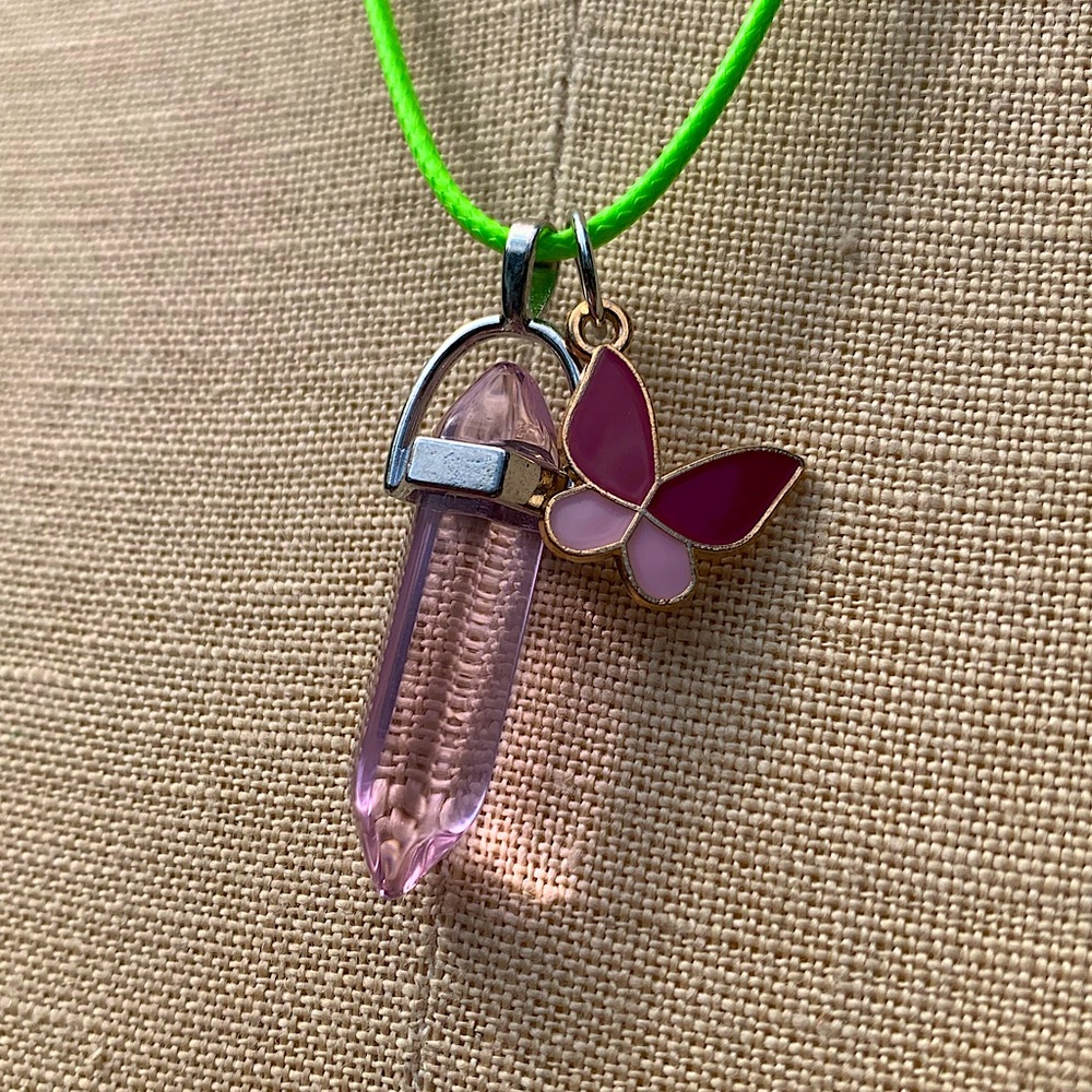 Handmade Light Pink Colored Resin Dagger Crystal Amulet Necklace & Butterfly